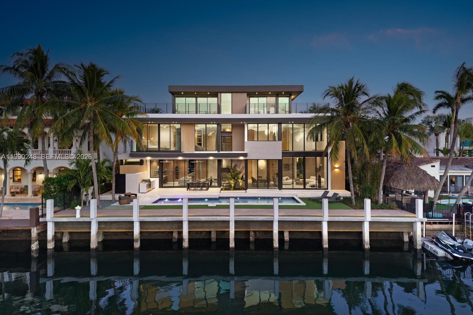 Waterfront residence at twilight